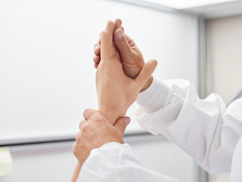 A Production Team Member holds a silicone hand.