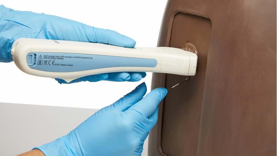 ultrasound guides lumbar needle insert using the Epidural & Lumbar Puncture Model in dark skin tone 