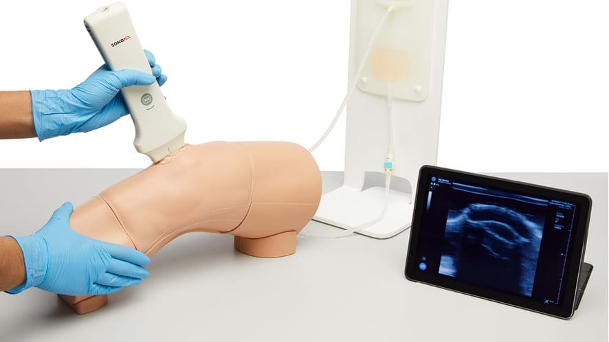 Ultrasound of the knee using the Knee Aspiration & Injection Trainer in Light Skin Tone