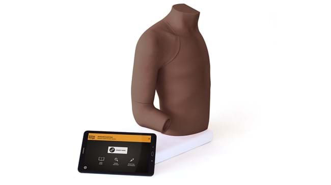 Shoulder Injection Trainer Palpation Guided in dark Skin Tone with tablet